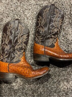 Men's Dan Post Two-Tone Brown Leather Western Boots - Ostrich Texture